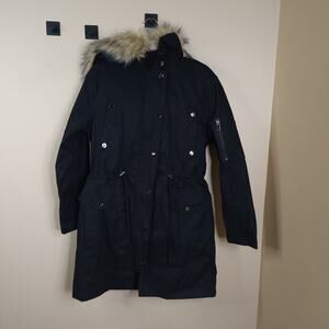 ASOS Faux Fur Hood Drawstring Parka Coat in Black Size 6